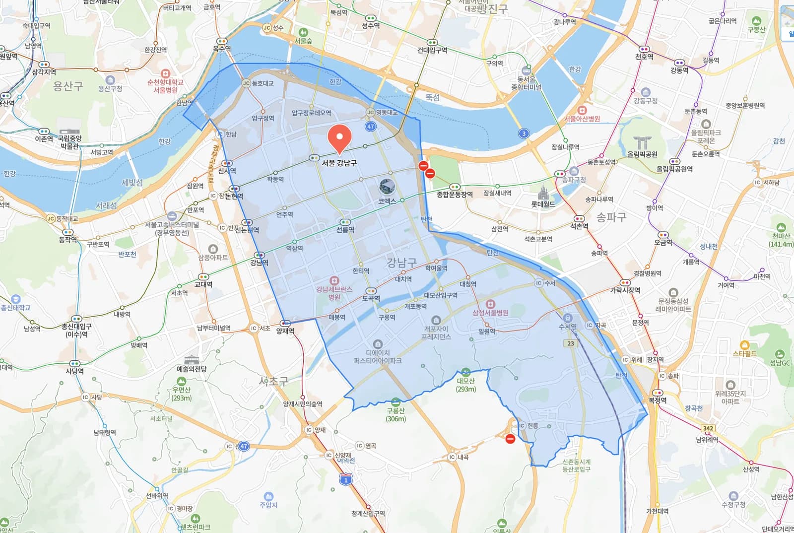 서울특별시 강남구 원룸 이사 서비스 지역 지도 — 역삼동, 논현동, 삼성동, 대치동 일대