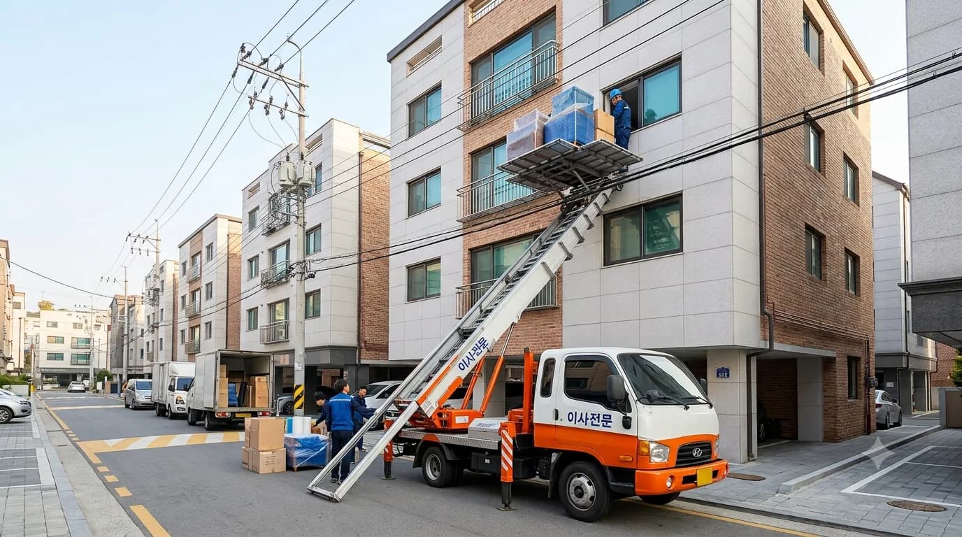 강남 원룸 이사 사다리차 작업 — 4층 창문으로 짐을 올리는 모습
